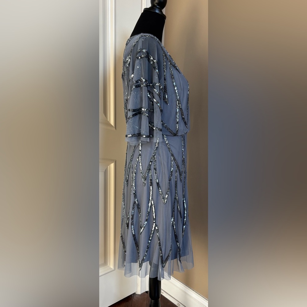 Embellish Bead Mesh Wrap Dress Adrianna Papell Dusty Blue Women’s Size 10 NWT - Picture 5 of 16
